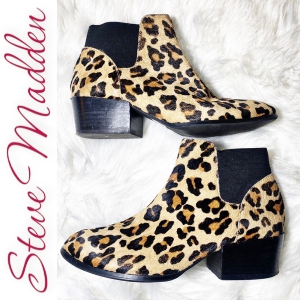 STEVE MADDEN Palace Western Leopard Print Calf‎ Hair Chelsea Bootie, Size 8